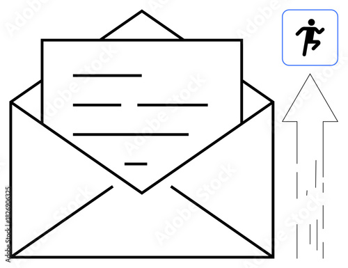 Open envelope with inserted letter and upward-pointing arrow symbolizing dispatch and speed. Overlay of running person icon emphasizes motion. Ideal for communication, messaging, postal services