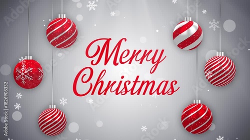 Merry Christmas Greetings Text Background Animation with Christmas baubles and Snow