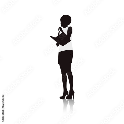 Silhouette Businesswoman with Document: A refined silhouette captures a poised businesswoman. She is dressed professionally, holding a document and pen, her gaze attentive.