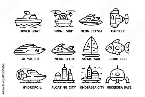 Futuristic water and air transport design icons in modern style