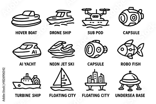 Futuristic watercraft and underwater vehicles in bold outline style