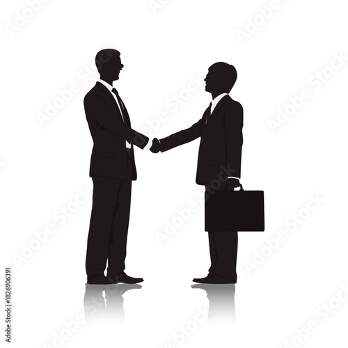 Handshake silhouette in business: Two professional figures in formal attire engage in a handshake, conveying a sense of unity and agreement, symbolizing a successful deal, cooperation.