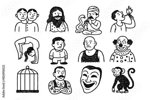 Circus characters and performers in hand-drawn black and white style