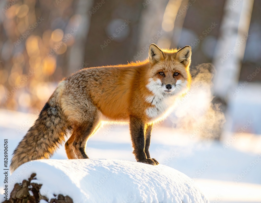 Fototapeta premium Red fox stands on snow with steam rising in a winter forest at sunrise