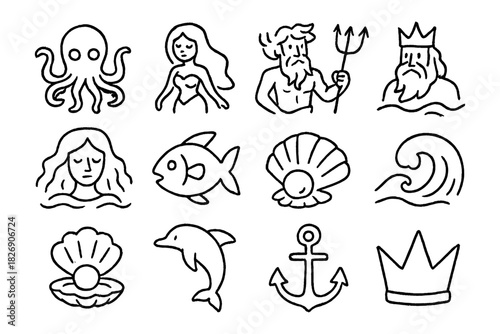 Ocean mythology icons set featuring sea creatures and greek gods in linear style