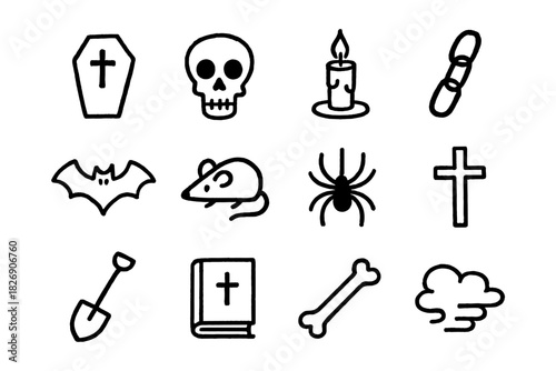 Halloween doodle set: icons of skulls, bats, and spooky symbols