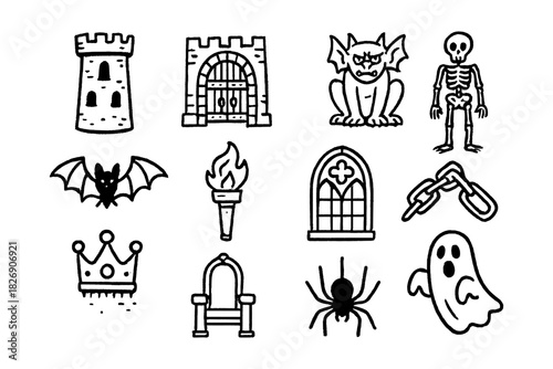 Halloween doodle set: ghosts, gargoyle, skeleton, and more spooky icons