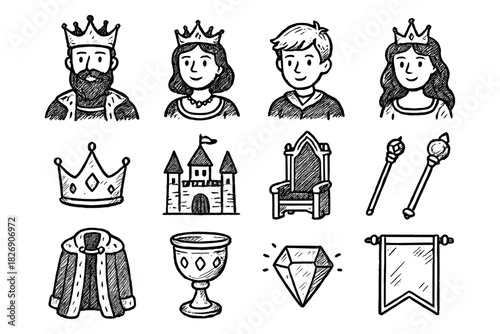 Hand-drawn medieval royalty icons: kings, queens, and symbols in doodle style