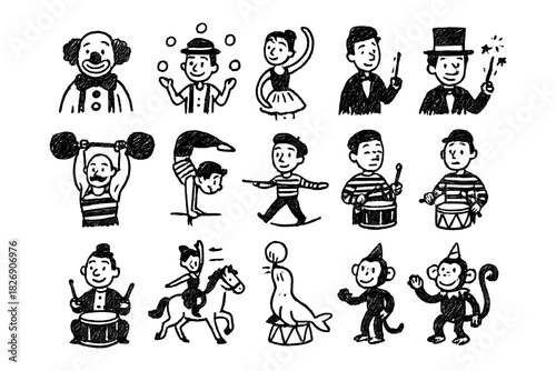 Charming circus icons: hand drawn performers and animals in vintage style