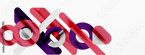 Abstract geometric shapes overlap, creating dynamic composition. Red, purple, white colors dominate design. Modern, minimalist aesthetic.