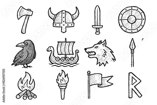 Hand-drawn nordic icons: vikings, ships, weapons, and mythical symbols