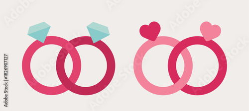 Diamond and heart-shaped ring flat vector illustration set.
Wedding Rings.
Engagement Rings.
Happy valentines day.
for engagement, wedding, romantic gift. 
White background.