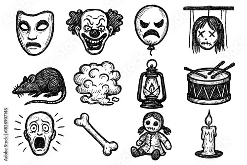 Horror elements collection in hand drawn style featuring masks, clowns, and creepy dolls