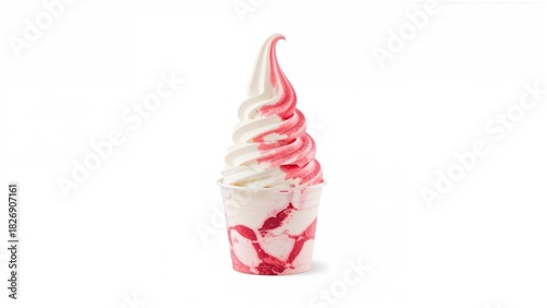 Swirl soft serve ice cream with pink syrup in a clear cup on a white background.