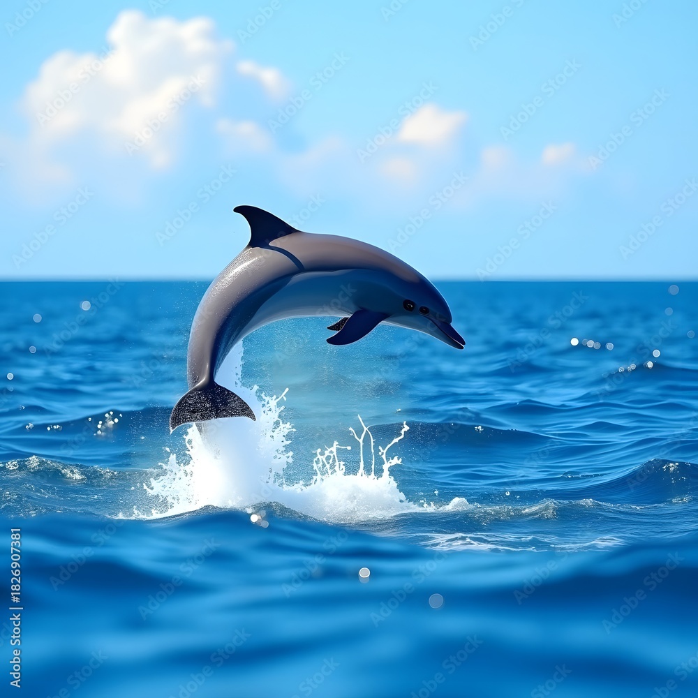 Fototapeta premium Dolphin in Mid-air: Capturing the elegance of a dolphin leaping from the waves under a clear blue sky, illustrating its grace in its natural habitat.