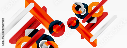 Abstract geometric composition. Orange, gray, navy shapes intersect. Minimalist design with dynamic lines, creating visual interest.