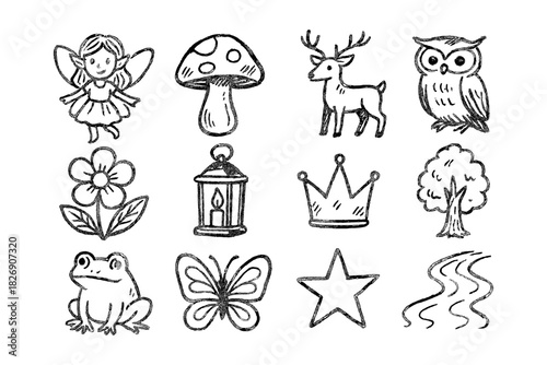 Whimsical hand-drawn fairy tale icons: fairy, deer, owl, crown, nature