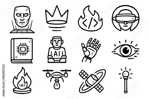 Doodle style ai icons featuring technology and futuristic concepts