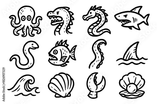 Hand drawn sea creatures and marine life icons