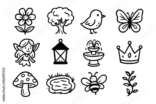 Whimsical hand-drawn nature and fantasy icons collection