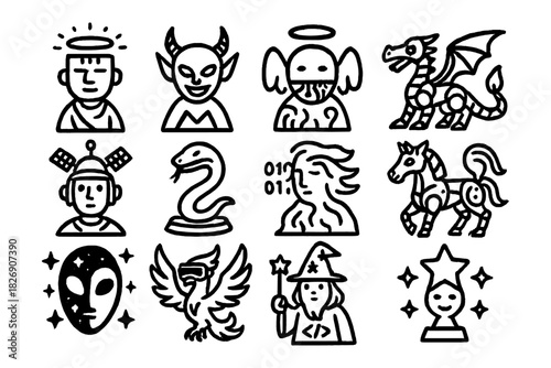 Whimsical icons: mythical and fantasy characters in bold linear style