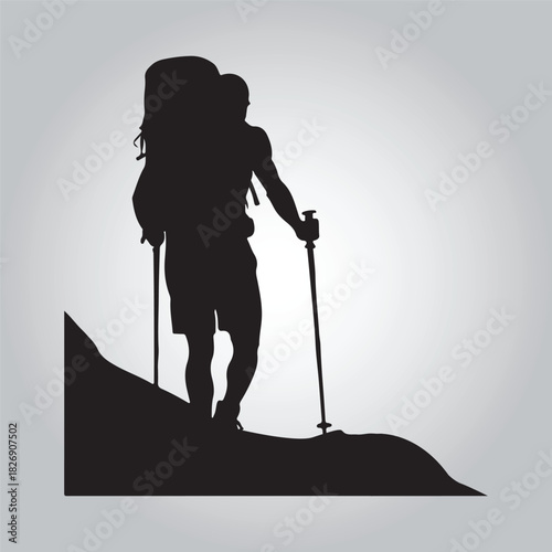 Hiking man Silhouettes. hiking man with rucksacks silhouette. hiker with backpack, vector silhouettes. mountaineer climber hiker people. Backpacker. walking with the aid of trekking poles.