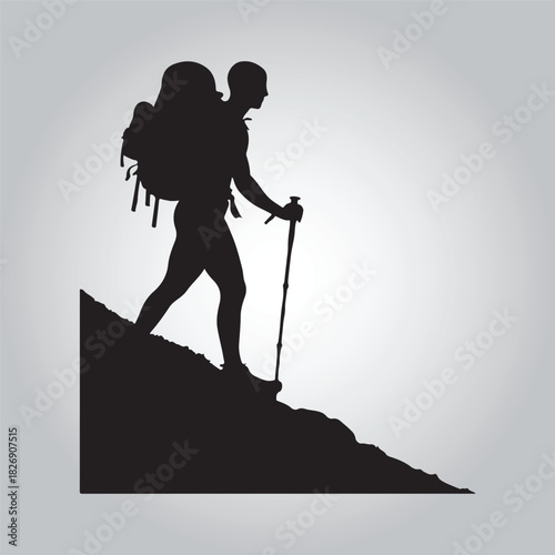 Hiking man Silhouettes. hiking man with rucksacks silhouette. hiker with backpack, vector silhouettes. mountaineer climber hiker people. Backpacker. walking with the aid of trekking poles.