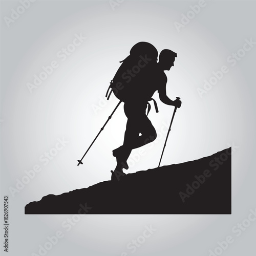 Hiking man Silhouettes. hiking man with rucksacks silhouette. hiker with backpack, vector silhouettes. mountaineer climber hiker people. Backpacker. walking with the aid of trekking poles.