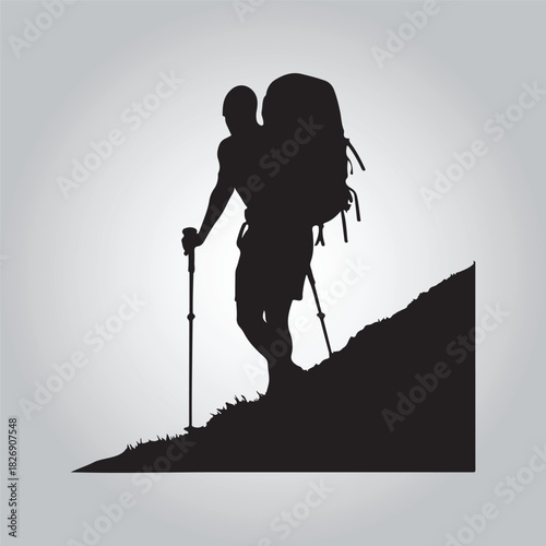 Hiking man Silhouettes. hiking man with rucksacks silhouette. hiker with backpack, vector silhouettes. mountaineer climber hiker people. Backpacker. walking with the aid of trekking poles.