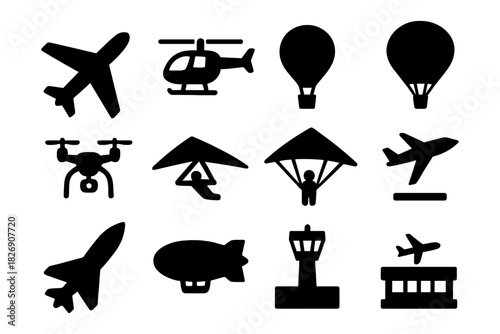Silhouette icons of aerial transportation: aircraft, hot air balloon, drone, paraglider, helicopter