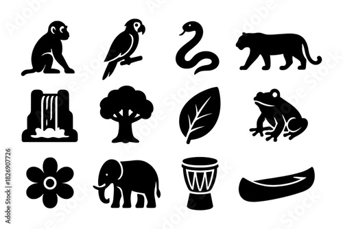 Nature and wildlife silhouettes: animals, plants, and adventure icons