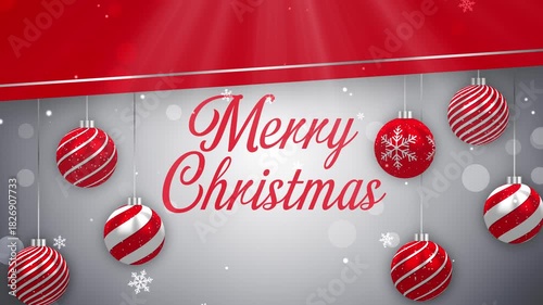 Merry Christmas Greetings Text Background Animation with Christmas baubles and Snow