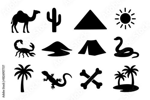 Desert silhouette icons set featuring camel, cactus, and sahara elements
