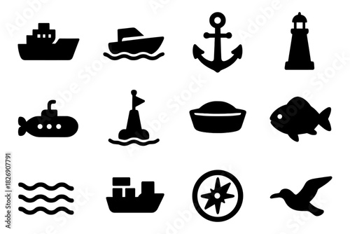 Nautical symbols collection featuring boats, anchor, lighthouse, fish, and sea elements in bold silhouette style