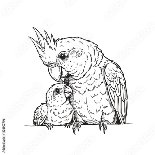 Affectionate Cockatoo Mother and Baby Drawing