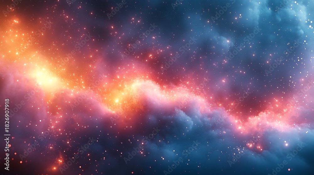 Fototapeta premium Stunning cosmic nebula with sparkling stars and bright orange glow illuminating a vast dark blue galaxy