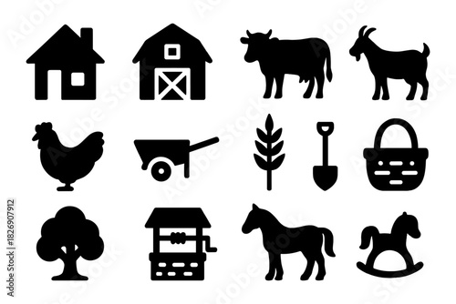 Farm silhouettes: barnyard animals, tools, and buildings in bold black