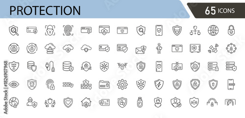 Protection related icons set including safety, shield, security, defense, privacy, guard, prevention, and risk control. Outline icons.