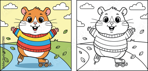 Cute cartoon hamster on roller skates coloring book page. Vector illustration of funny animal skating in the park. Color and outline version for children education and print.