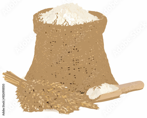 Bag of flour with wheat stalks and wooden scoop