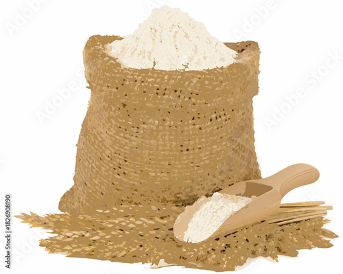 Sack of flour with wheat and wooden scoop