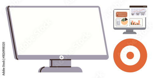 Modern computer monitor, data analytics dashboard with charts, and orange target graphic. Ideal for technology, analytics, marketing, strategy, precision data tracking digital tools. A simple flat