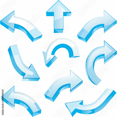 Collection of 3d blue glass arrows pointing in various directions