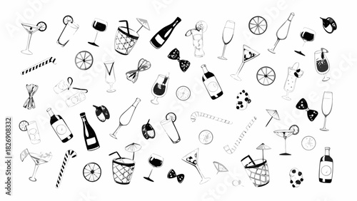 Whimsical hand drawn cocktail and party icons on white background