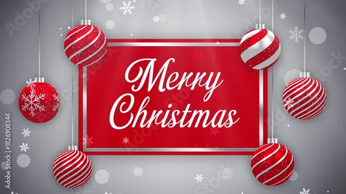 Merry Christmas Greetings Text Background Animation with Christmas baubles and Snow