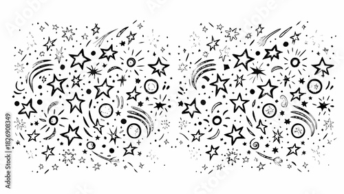 Whimsical hand drawn starbursts and shooting stars border