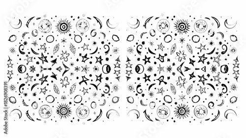 Whimsical hand drawn celestial elements and stars pattern