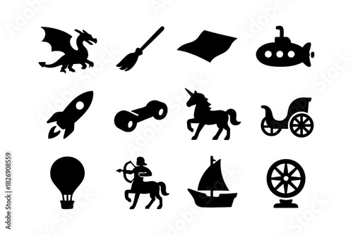Whimsical fantasy icons set featuring mythical creatures and transport silhouettes