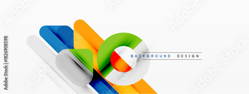 Bright geometric shapes overlap white space. Modern design elements create dynamic visual impact. Clean lines, vibrant colors present abstract composition.