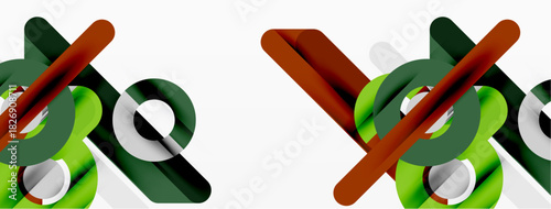 Abstract geometric shapes, green, brown, gray. Minimalist design with overlapping elements, clean lines, modern aesthetic. Simple composition.